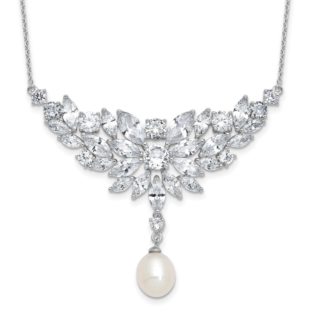 Cheryl M Sterling Silver Rhodium-plated Polished Fancy Freshwater Cultured Pearl and CZ Necklace QCM1814-18