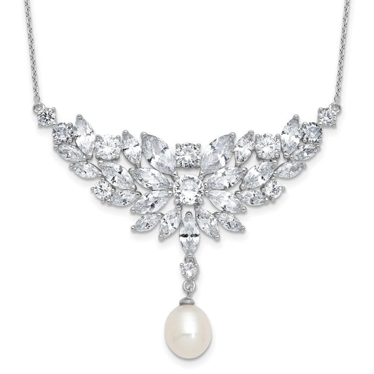 Cheryl M Sterling Silver Rhodium-plated Polished Fancy Freshwater Cultured Pearl and CZ Necklace QCM1814-18
