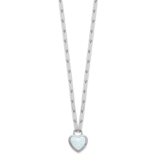 Cheryl M Sterling Silver Rhodium-plated Polished Created Opal Heart Paperclip Link Necklace QCM1824-18