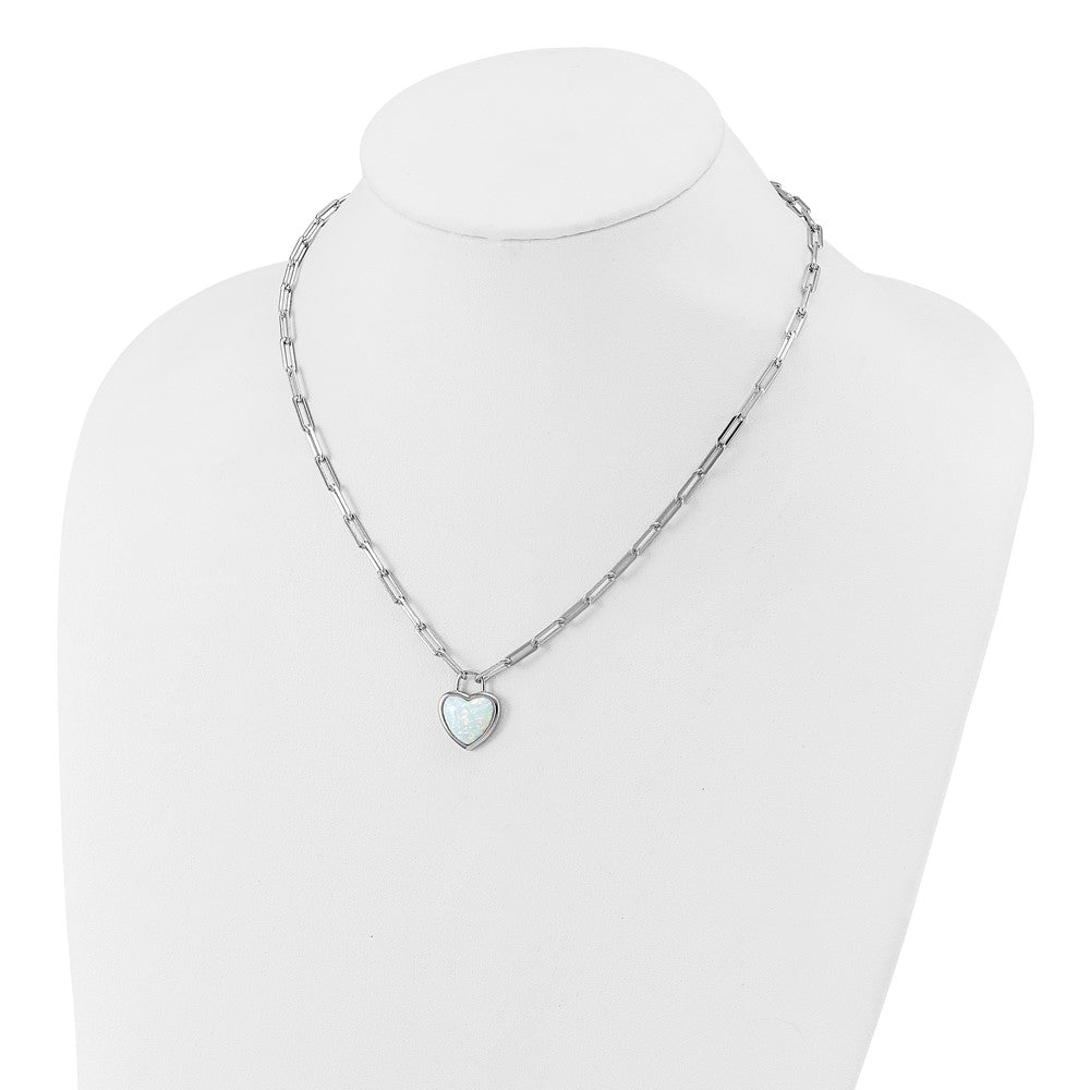 Cheryl M Sterling Silver Rhodium-plated Polished Created Opal Heart Paperclip Link Necklace QCM1824-18
