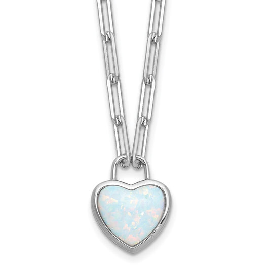 Cheryl M Sterling Silver Rhodium-plated Polished Created Opal Heart Paperclip Link Necklace QCM1824-18