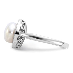 Cheryl M Sterling Silver Rhodium-plated Polished Freshwater Cultured Pearl and CZ Halo Ring