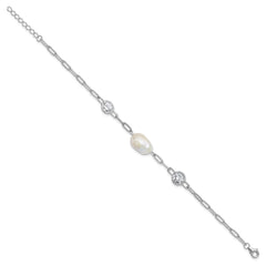 Cheryl M Sterling Silver Rhodium-plated Polished Freshwater Cultured Pearl and CZ Link with .75 Inch Extension Bracelet QCM1834-7