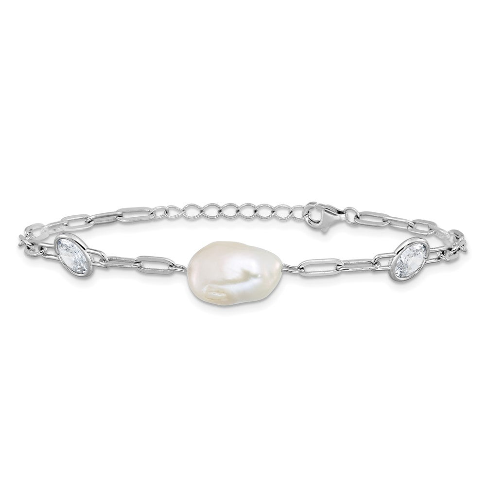 Cheryl M Sterling Silver Rhodium-plated Polished Freshwater Cultured Pearl and CZ Link with .75 Inch Extension Bracelet QCM1834-7