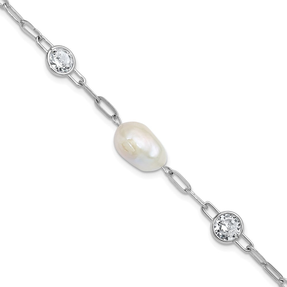 Cheryl M Sterling Silver Rhodium-plated Polished Freshwater Cultured Pearl and CZ Link with .75 Inch Extension Bracelet QCM1834-7
