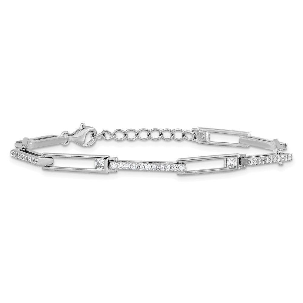 Cheryl M Sterling Silver Rhodium-plated Polished CZ Rectangular Link with 1 Inch Extension Bracelet QCM1836-6.75
