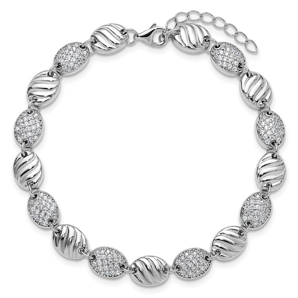 Cheryl M Sterling Silver Rhodium-plated Polished and Grooved CZ Ovals with 1 Inch Extension Bracelet QCM1837-7