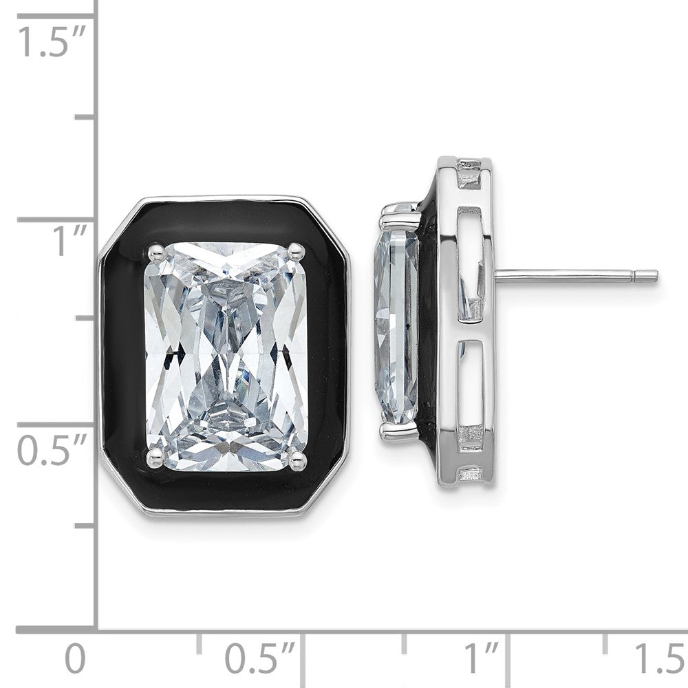 QCM1838 Cheryl M Sterling Silver Rhodium-plated Polished Black Enamel and Emerald-cut CZ Post Earrings