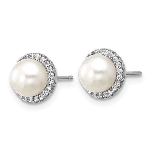 QCM1839 Cheryl M Sterling Silver Rhodium-plated Polished Freshwater Cultured Pearl and CZ Halo Post Earrings