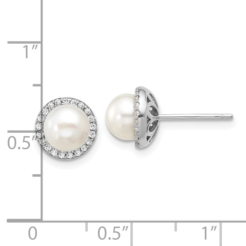 QCM1839 Cheryl M Sterling Silver Rhodium-plated Polished Freshwater Cultured Pearl and CZ Halo Post Earrings
