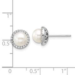 QCM1839 Cheryl M Sterling Silver Rhodium-plated Polished Freshwater Cultured Pearl and CZ Halo Post Earrings