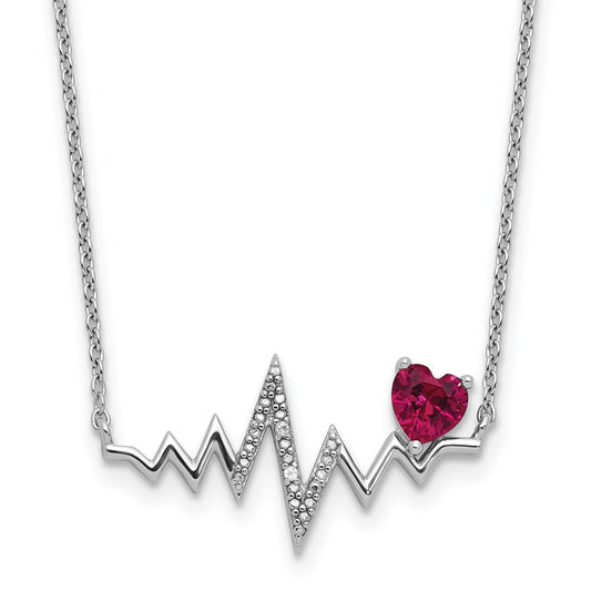 Cheryl M Sterling Silver Rhodium-plated Polished Lab Created Ruby and CZ Heartbeat Necklace QCM1840-18