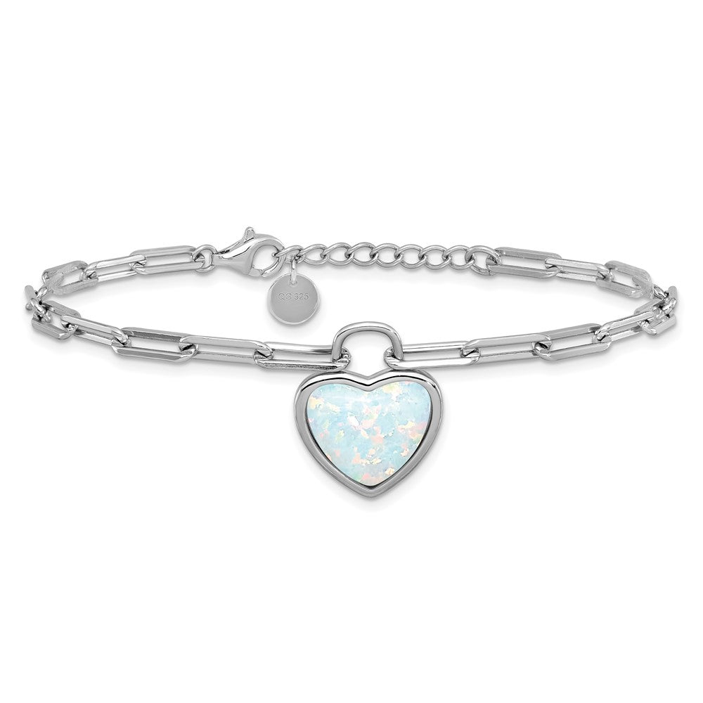 Cheryl M Sterling Silver Rhodium-plated Polished Created Opal Heart Paperclip Link with 1 Inch Extension Bracelet QCM1841-7