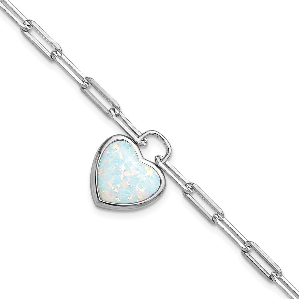 Cheryl M Sterling Silver Rhodium-plated Polished Created Opal Heart Paperclip Link with 1 Inch Extension Bracelet QCM1841-7