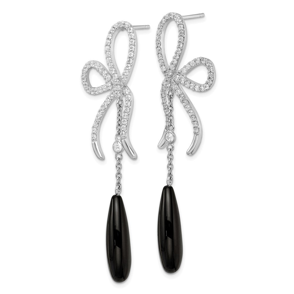 QCM1842 Cheryl M Sterling Silver Rhodium-plated Polished Fancy Onyx and CZ Bow Post Dangle Earrings