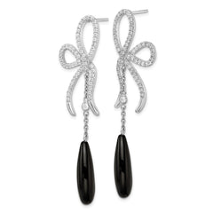 QCM1842 Cheryl M Sterling Silver Rhodium-plated Polished Fancy Onyx and CZ Bow Post Dangle Earrings