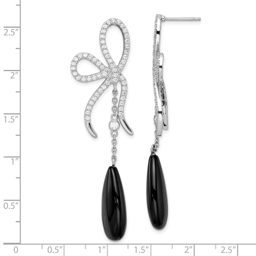 QCM1842 Cheryl M Sterling Silver Rhodium-plated Polished Fancy Onyx and CZ Bow Post Dangle Earrings
