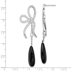 QCM1842 Cheryl M Sterling Silver Rhodium-plated Polished Fancy Onyx and CZ Bow Post Dangle Earrings