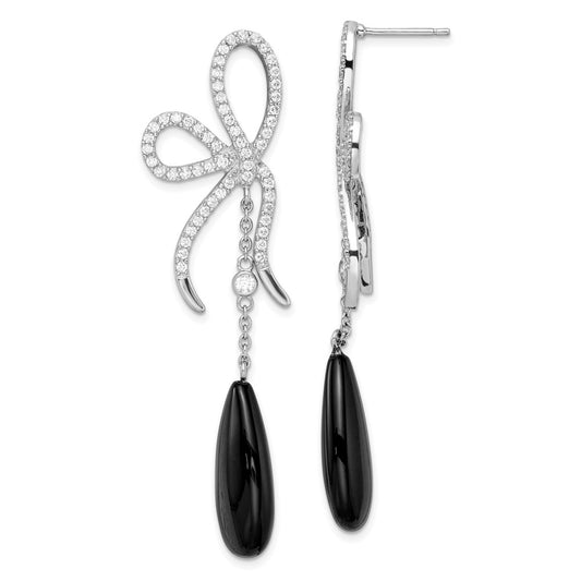 QCM1842 Cheryl M Sterling Silver Rhodium-plated Polished Fancy Onyx and CZ Bow Post Dangle Earrings