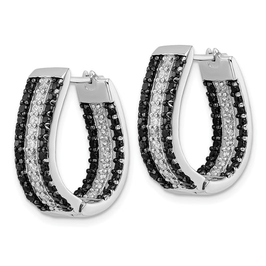 QCM1859 Cheryl M Sterling Silver Rhodium-plated Polished Black and White CZ Oval In and Out Hoop Earrings