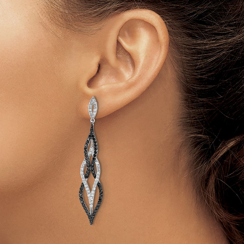 QCM1861 Cheryl M Sterling Silver Rhodium-plated with Black Rhodium Polished Fancy Black and White CZ Post Dangle Earrings
