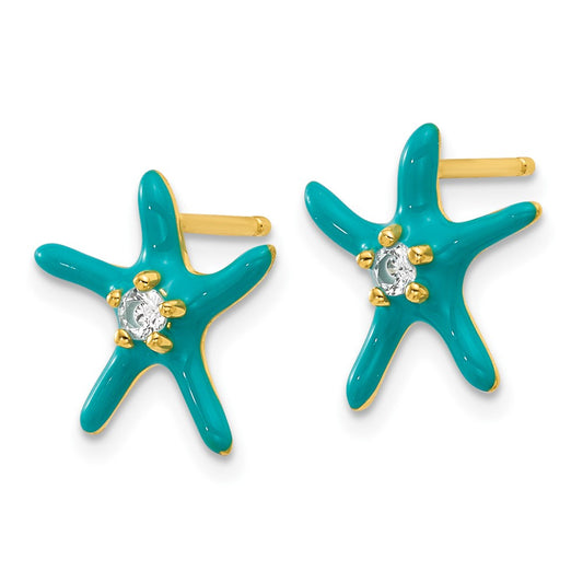 QCM1863Y Cheryl M Sterling Silver Gold-plated Polished Blue Enamel and CZ Starfish Post Earrings