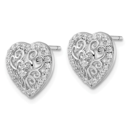 QCM1869 Cheryl M Sterling Silver Rhodium-plated Polished CZ Filigree Heart Post Earrings
