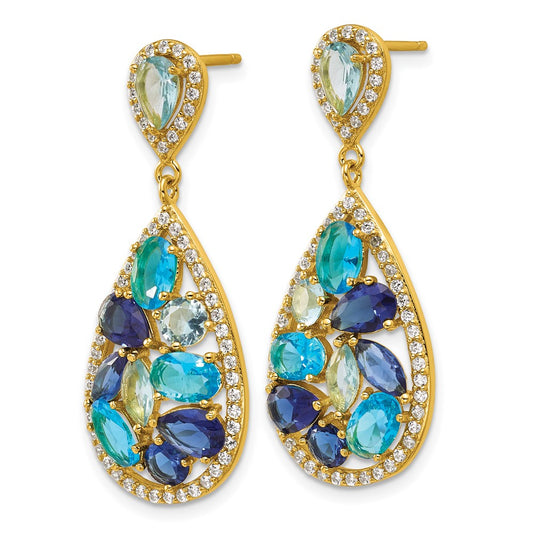 QCM1871Y Cheryl M Sterling Silver Gold-plated Polished Blue Glass and CZ Fancy Teardrop Post Dangle Earrings
