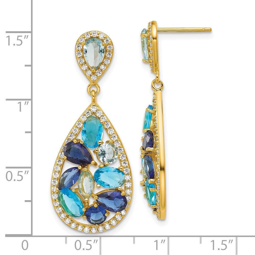 QCM1871Y Cheryl M Sterling Silver Gold-plated Polished Blue Glass and CZ Fancy Teardrop Post Dangle Earrings