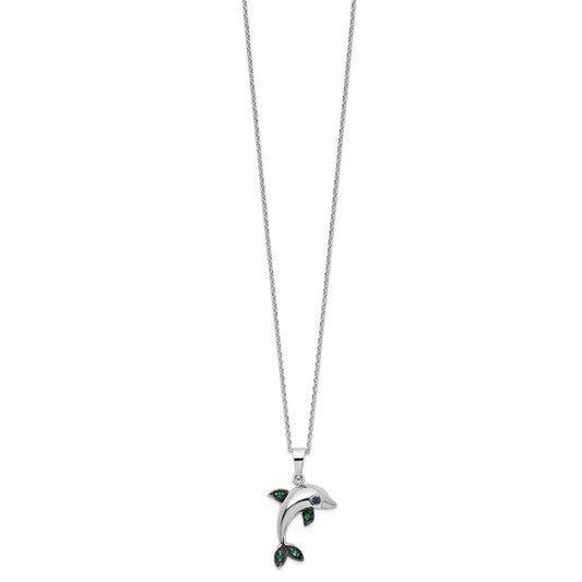 Cheryl M Sterling Silver Rhodium-plated with Black Rhodium Polished Blue and Green CZ Dolphin 16 Inch with 2 Inch Extension Necklace QCM1872-16