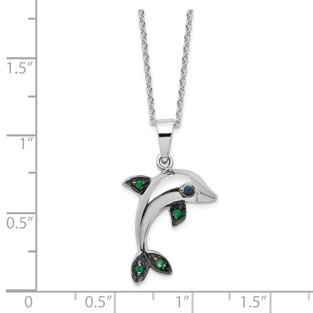 Cheryl M Sterling Silver Rhodium-plated with Black Rhodium Polished Blue and Green CZ Dolphin 16 Inch with 2 Inch Extension Necklace QCM1872-16