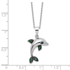 Cheryl M Sterling Silver Rhodium-plated with Black Rhodium Polished Blue and Green CZ Dolphin 16 Inch with 2 Inch Extension Necklace QCM1872-16