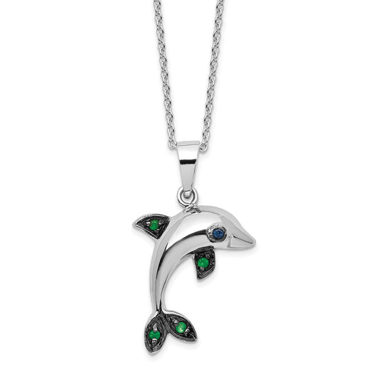 Cheryl M Sterling Silver Rhodium-plated with Black Rhodium Polished Blue and Green CZ Dolphin 16 Inch with 2 Inch Extension Necklace QCM1872-16