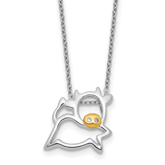 Cheryl M Sterling Silver Rhodium and Gold-plated Polished CZ Cow 16 Inch with 2 Inch Extension Necklace QCM1873-16