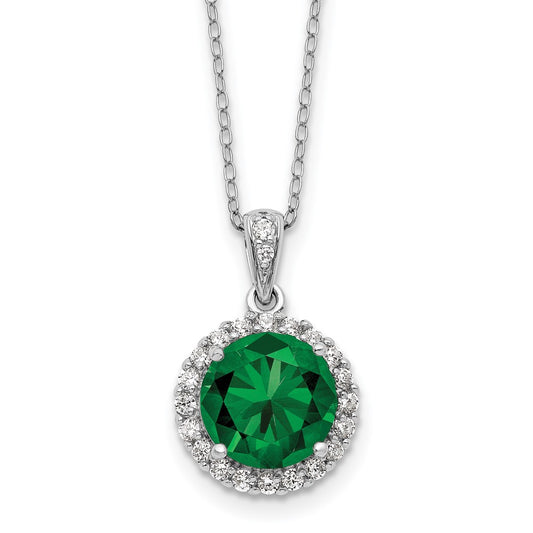 Cheryl M Sterling Silver Rhodium-plated Polished Green and White CZ Halo Circle 16 Inch with 2 Inch Extension Necklace QCM1874-16