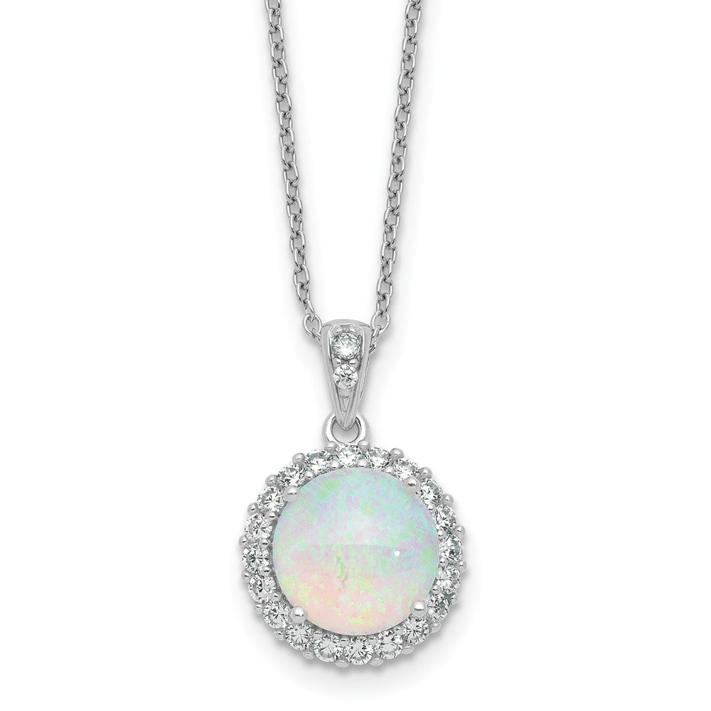 Cheryl M Sterling Silver Rhodium-plated Polished Lab Created Opal and CZ Halo Circle 16 Inch with 2 Inch Extension Necklace QCM1875-16