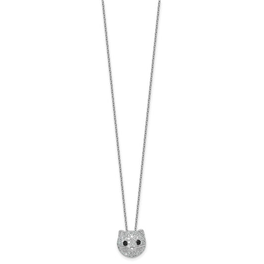 Cheryl M Sterling Silver Rhodium-plated Polished Black and White CZ Cat 16 Inch with 2 Inch Extension Necklace QCM1876-16