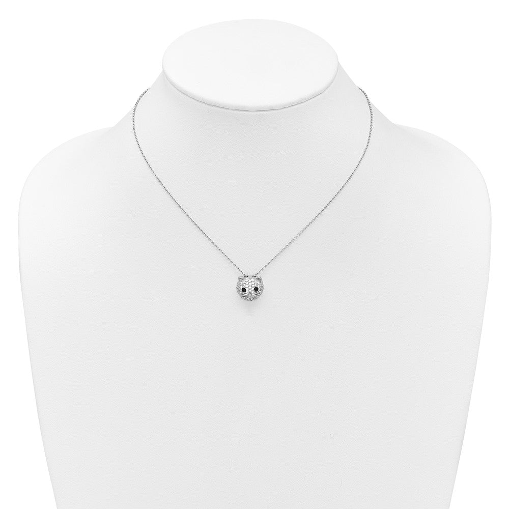 Cheryl M Sterling Silver Rhodium-plated Polished Black and White CZ Cat 16 Inch with 2 Inch Extension Necklace QCM1876-16