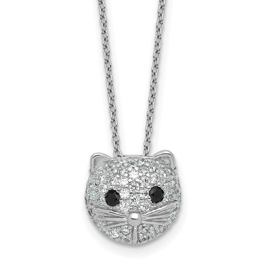 Cheryl M Sterling Silver Rhodium-plated Polished Black and White CZ Cat 16 Inch with 2 Inch Extension Necklace QCM1876-16