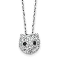 Cheryl M Sterling Silver Rhodium-plated Polished Black and White CZ Cat 16 Inch with 2 Inch Extension Necklace QCM1876-16