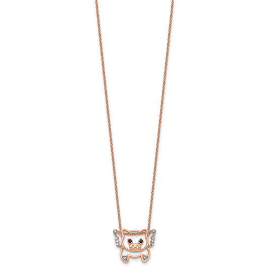 Cheryl M Sterling Silver Rose Gold-plated Polished Black and White CZ Flying Pig 16 Inch with 2 Inch Extension Necklace QCM1879P-16