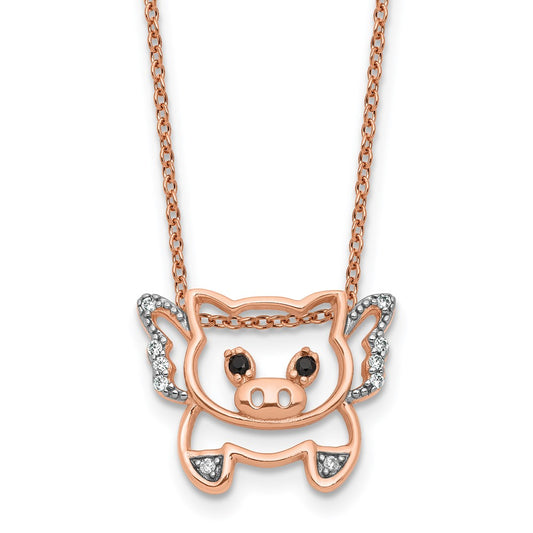 Cheryl M Sterling Silver Rose Gold-plated Polished Black and White CZ Flying Pig 16 Inch with 2 Inch Extension Necklace QCM1879P-16