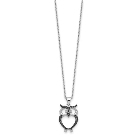 Cheryl M Sterling Silver Rhodium-plated with Black Rhodium Polished Black and White CZ Owl 16 Inch with 2 Inch Extension Necklace QCM1880-16
