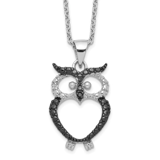Cheryl M Sterling Silver Rhodium-plated with Black Rhodium Polished Black and White CZ Owl 16 Inch with 2 Inch Extension Necklace QCM1880-16