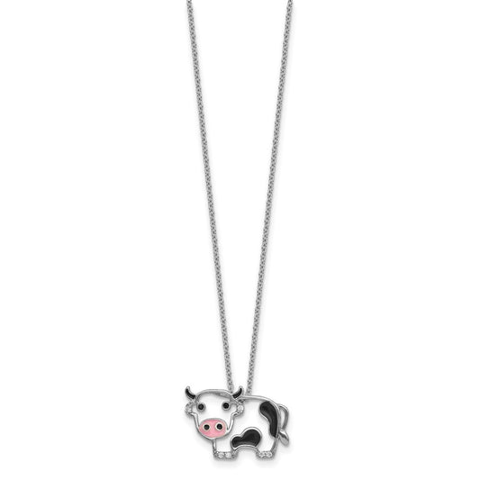 Cheryl M Sterling Silver Rhodium-plated Polished and Enameled Black and White CZ Cow 16 Inch with 2 Inch Extension Necklace QCM1881-16