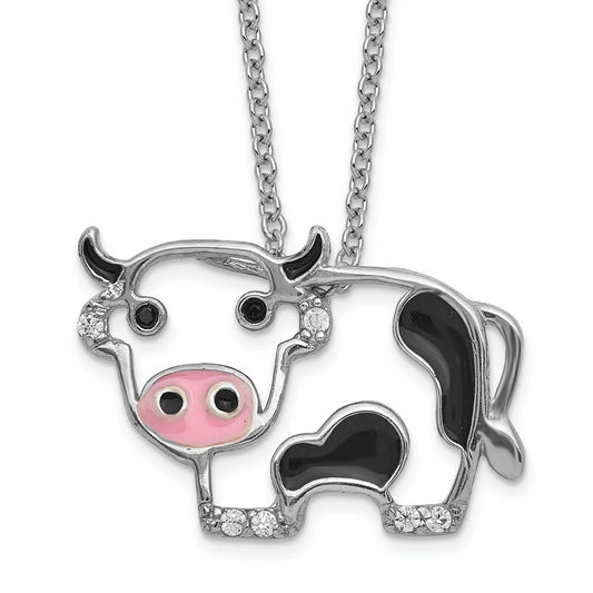 Cheryl M Sterling Silver Rhodium-plated Polished and Enameled Black and White CZ Cow 16 Inch with 2 Inch Extension Necklace QCM1881-16