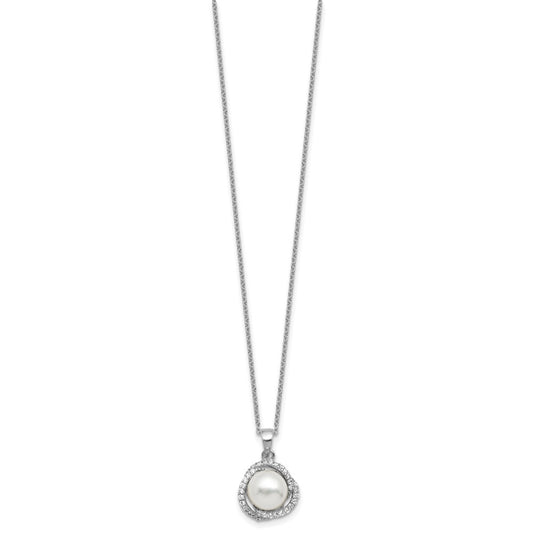 Cheryl M Sterling Silver Rhodium-plated Polished Freshwater Cultured Pearl and CZ 16 Inch with 2 Inch Extension Necklace QCM1886-16