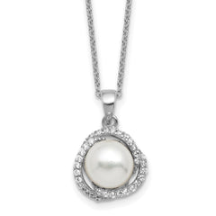 Cheryl M Sterling Silver Rhodium-plated Polished Freshwater Cultured Pearl and CZ 16 Inch with 2 Inch Extension Necklace QCM1886-16