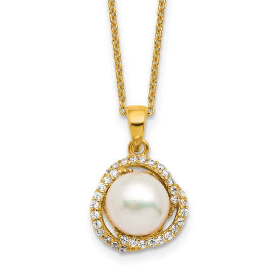 Cheryl M Sterling Silver Gold-plated Polished Freshwater Cultured Pearl and CZ 16 Inch with 2 Inch Extension Necklace QCM1886Y-16