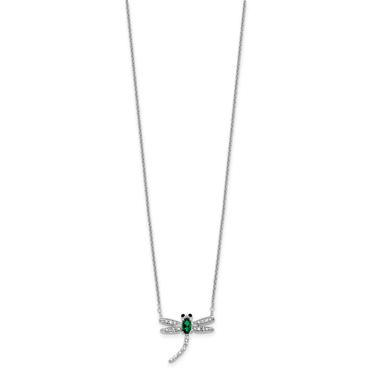 Cheryl M Sterling Silver Rhodium-plated Polished Green Glass and CZ Dragonfly 16 Inch with 2 Inch Extension Necklace QCM1906-16